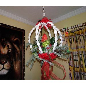 Vintage Hanging Christmas Macrame Cardinal bird holly mcm 1970s handmade